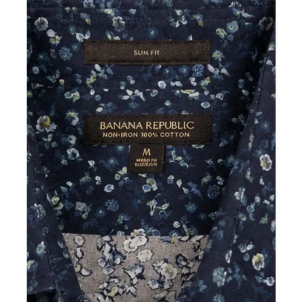 Banana Republic Men’s M Slim Fit Floral Button Up Shirt Navy Blue Non Iron